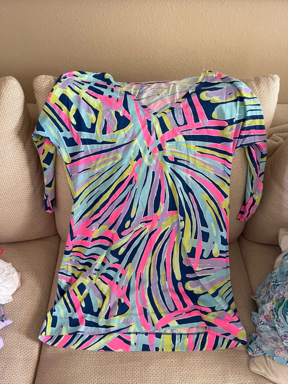Lilly Pulitzer Neon Pink, Navy & Aqua Palm-Stripe V-Neck Dress